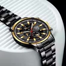 Luxury Men's Quartz Watch – Steel Band, Gold Hands, Calendar, Classic Business Style