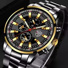 Luxury Men's Quartz Watch – Steel Band, Gold Hands, Calendar, Classic Business Style